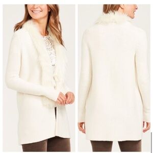 J. McLaughlin Winter White Karole Faux Fur-Collar Cashmere-Blend Cardigan